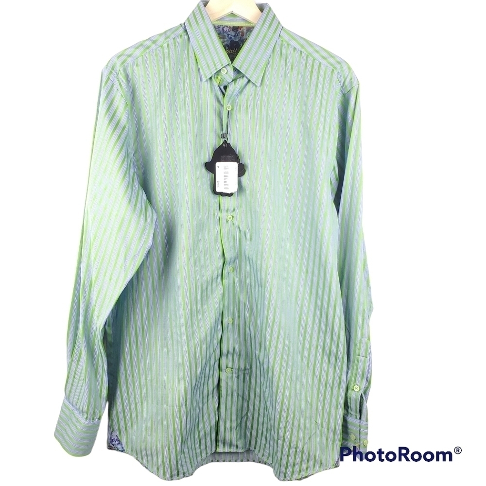 Visconti Black Medium‎ Button up Shirt Green Blue Stripes Long Sleeve Metallic